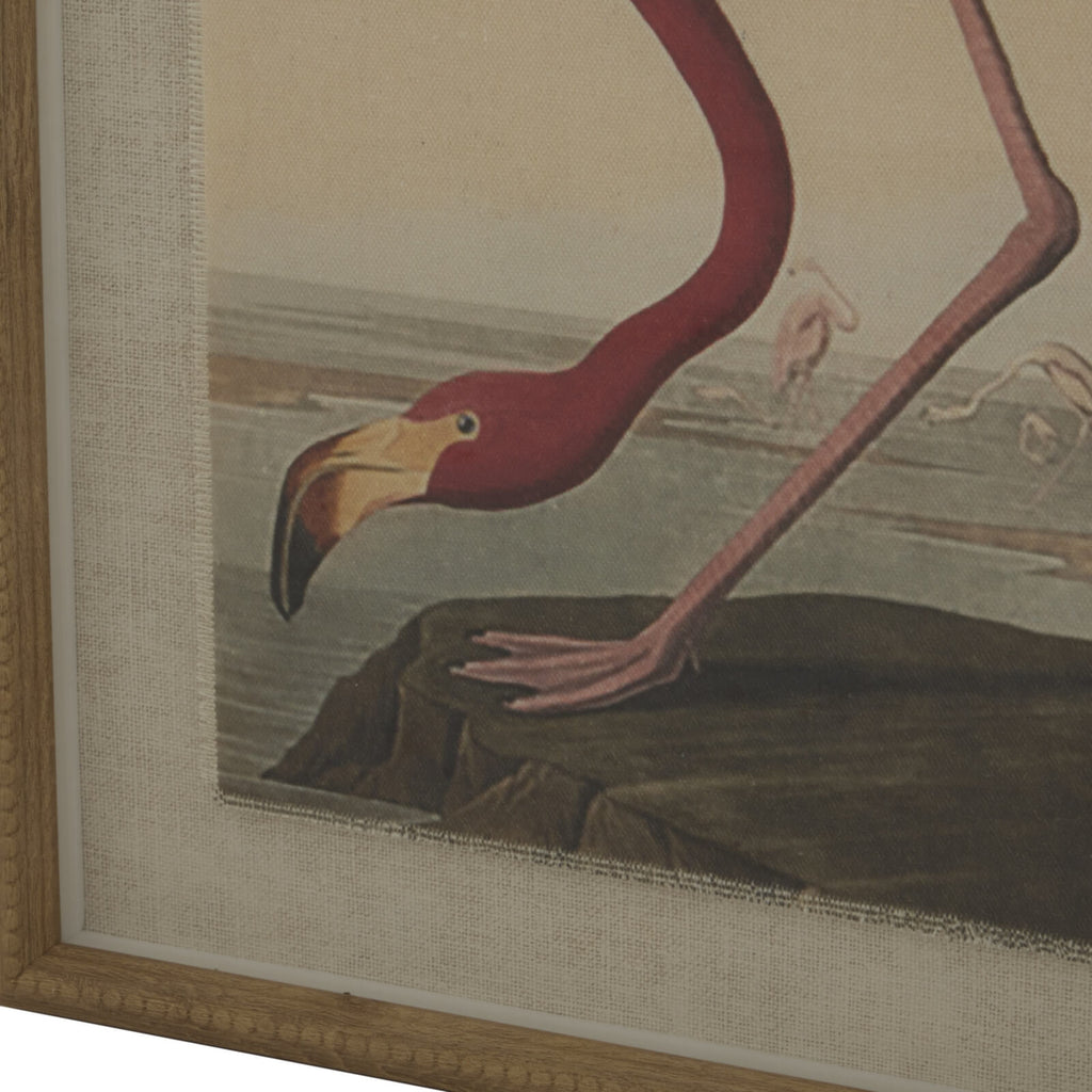 Graceful flamingo watercolor art on linen, neutral tones with beaded frame, 50x40cm, for modern or coastal decor by Sostter at brixbailey.com