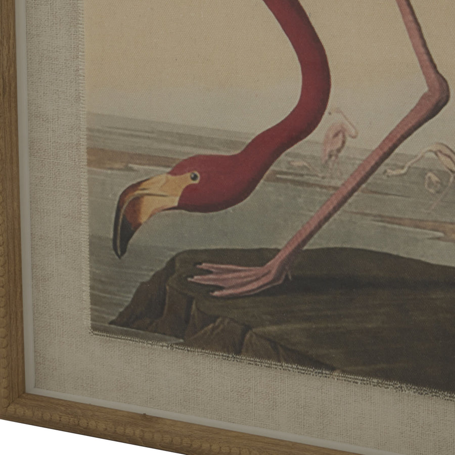 Graceful flamingo watercolor art on linen, neutral tones with beaded frame, 50x40cm, for modern or coastal decor by Sostter at brixbailey.com
