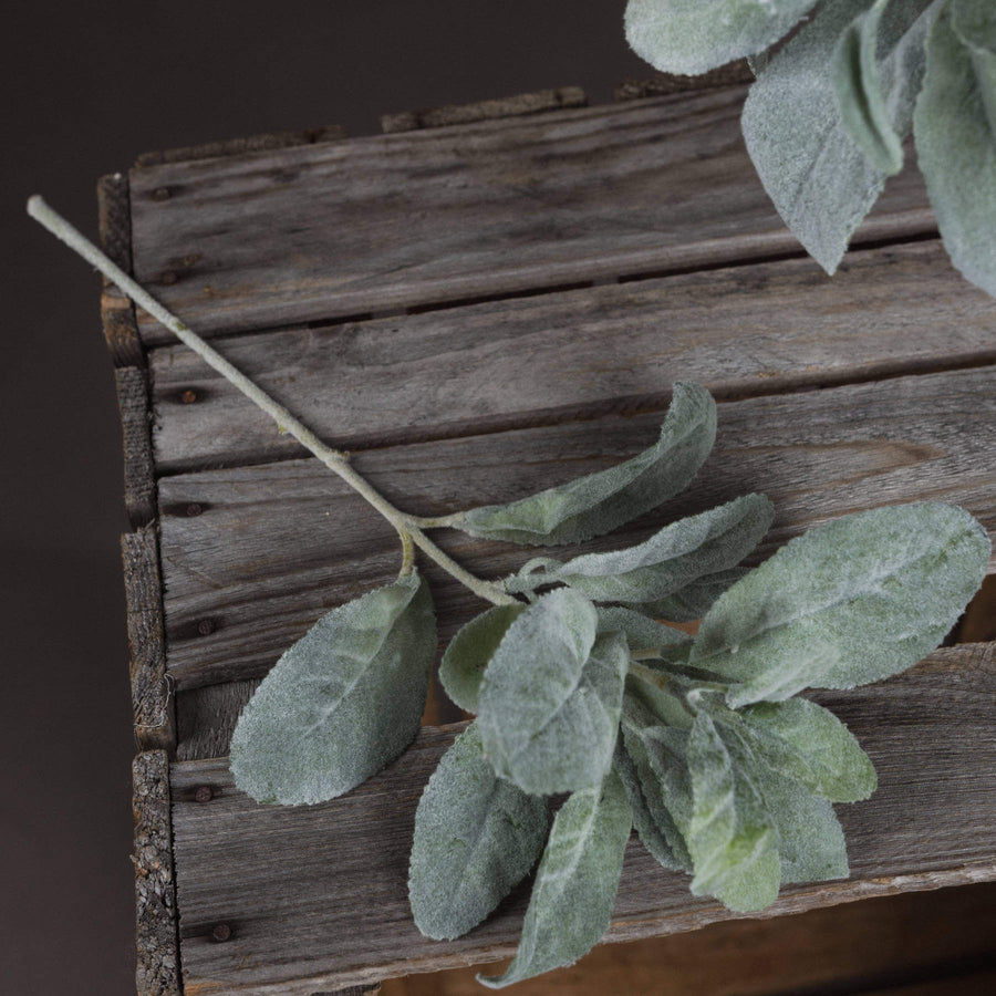 Realistic sage green artificial foliage stem with velvety leaves for home decor, 35cm tall, bendable wire stems by Sostter at brixbailey.com