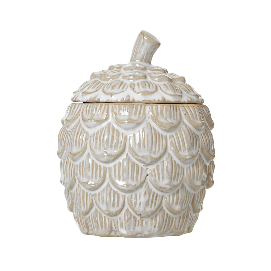 White ceramic pine cone trinket dish with removable lid, lifelike sculpted details, 12cm height, for jewelry or decor. by Sostter at brixbailey.com