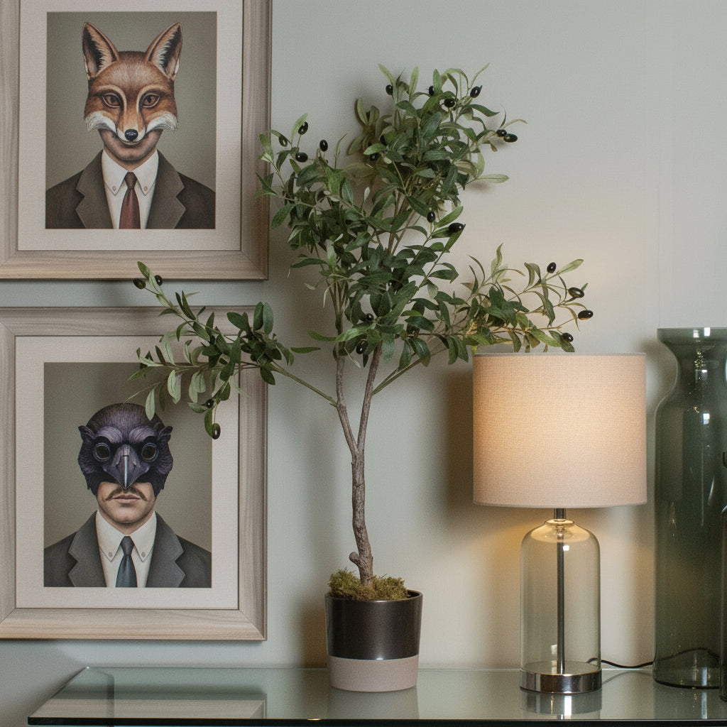 Lifelike faux olive tree with textured trunk, green foliage, and fruit details, 100cm tall, perfect for tabletops  by sostter at brixbailey.com