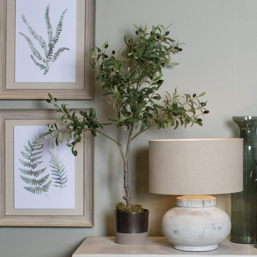Lifelike faux olive tree with textured trunk, green foliage, and fruit details, 100cm tall, perfect for tabletops  by Sostter at brixbailey.com