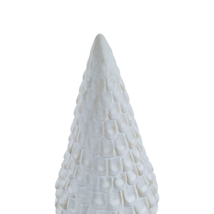 White ceramic winter decoration with intricate spruce silhouette, perfect for holiday decor by Sostter at brixbailey.com