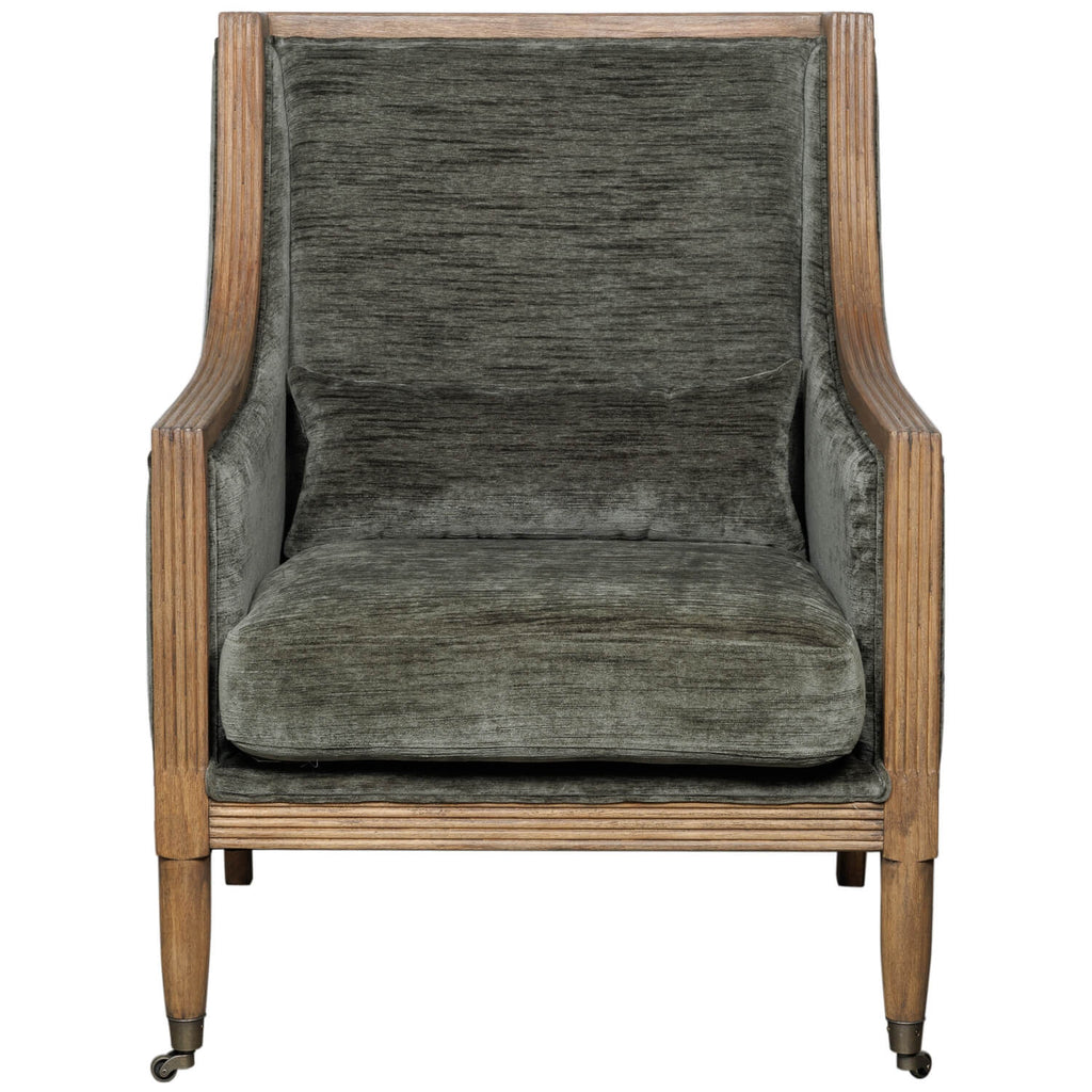 Albury olive velvet armchair with wooden frame, ergonomic curved design for modern or traditional living rooms by Sostter at brixbailey.com