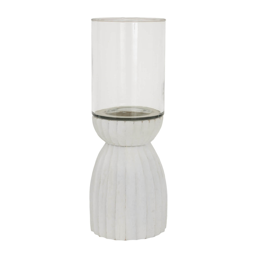 Handcrafted white hurricane lantern with intricate carved patterns, 36cm tall, casting ambient light for home decor. by Sostter at brixbailey.com