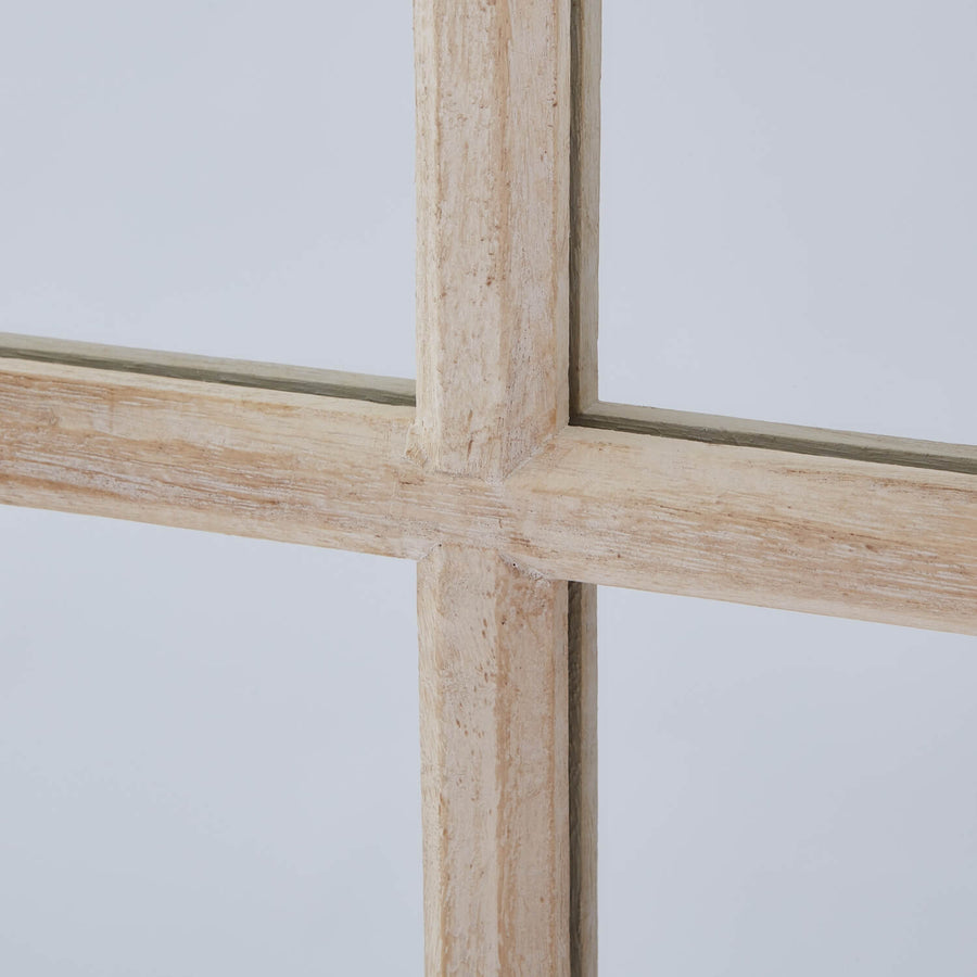Tall washed wood window mirror with 18-pane design and rustic black wood frame for farmhouse or modern decor by Sostter at brixbailey.com