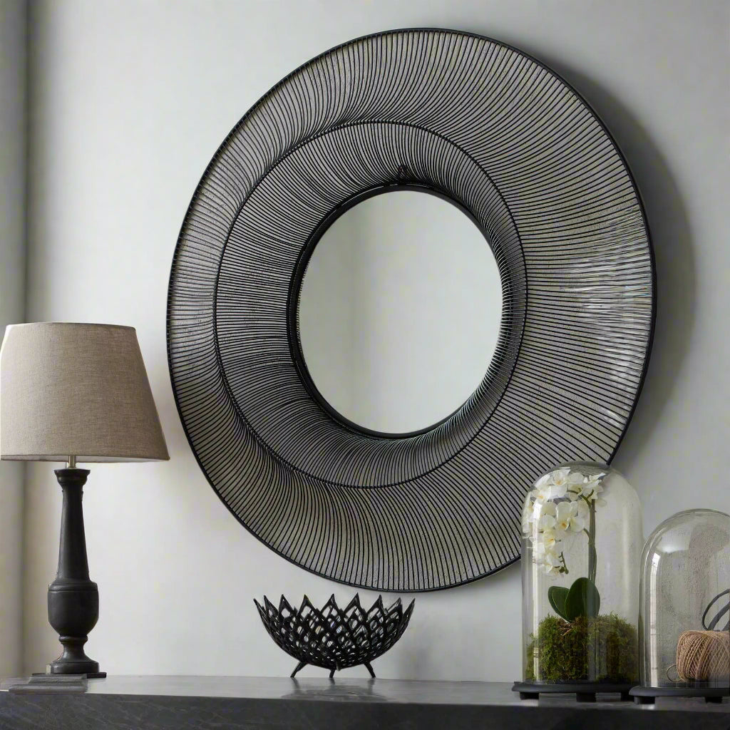 Chico black large wire mirror with geometric grid design, matte black metal frame, 120cm statement wall decor by Sostter at brixbailey.com