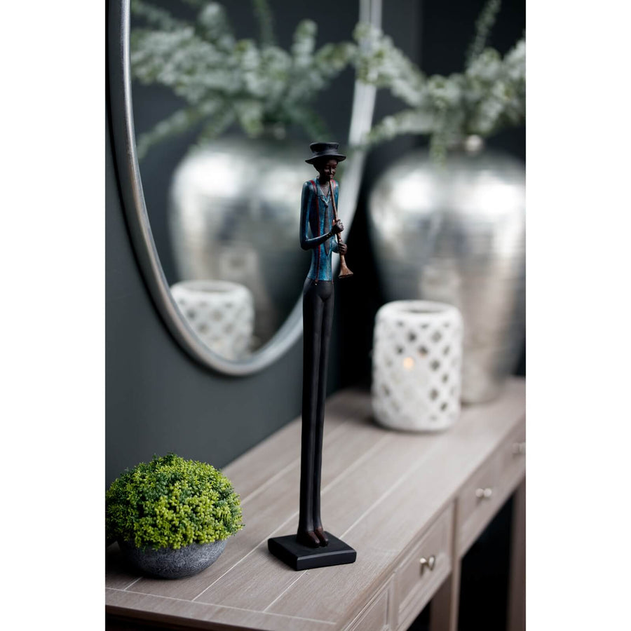 Handcrafted jazz trumpeter sculpture in antique bronze finish, 60cm tall, made of premium resin with lifelike details by Sostter at brixbailey.com