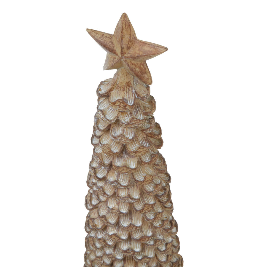 Handcrafted cedar tree sculpture, 38-inch tall resin decor with beige finish and delicate star accent for winter ambiance. by Sostter at brixbailey.com