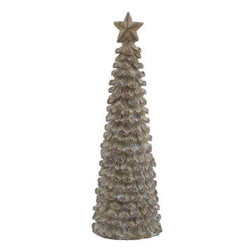 Handcrafted beige resin holiday tree with wood texture, 26cm tall, topped with glowing star for festive decor. by Sostter at brixbailey.com