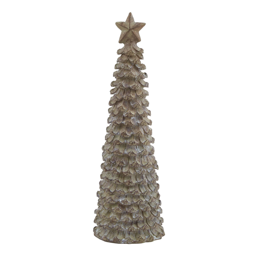 Handcrafted beige resin holiday tree with wood texture, 26cm tall, topped with glowing star for festive decor. by Sostter at brixbailey.com