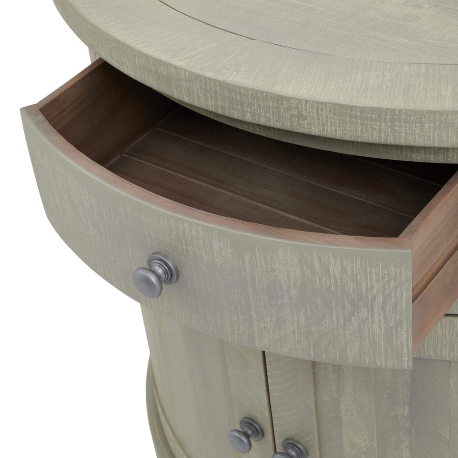 Hand-finished half-moon cupboard in warm grey weathered pine with organic curved silhouette and Scandinavian design. by Sostter at brixbailey.com