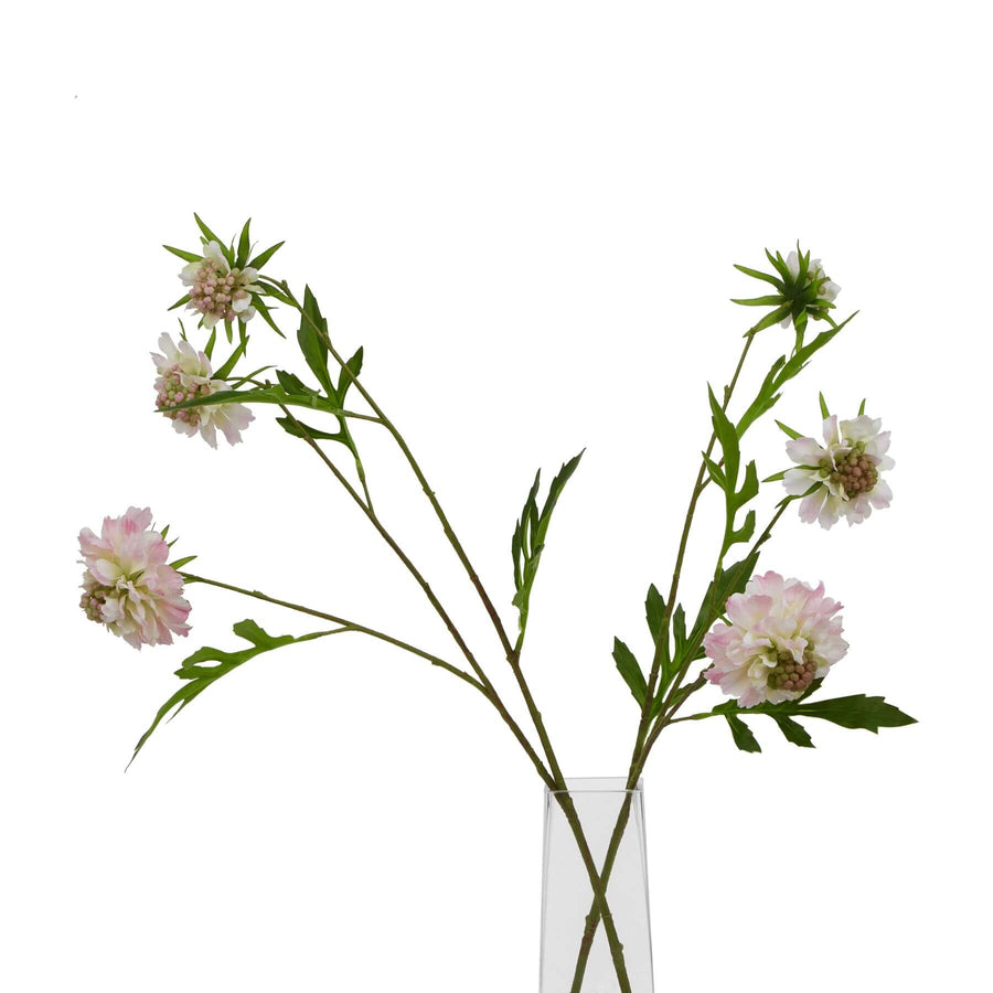 Pink scabious artificial flower stem with green leaves, realistic plastic floral decor for home arrangements by Sostter at brixbailey.com