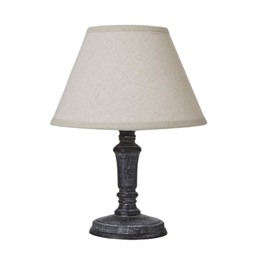Distressed black Palmyra Column Table Lamp with neutral linen shade, rustic wood base, 20cm height, grey farmhouse decor.by Sostter at brixbailey.com