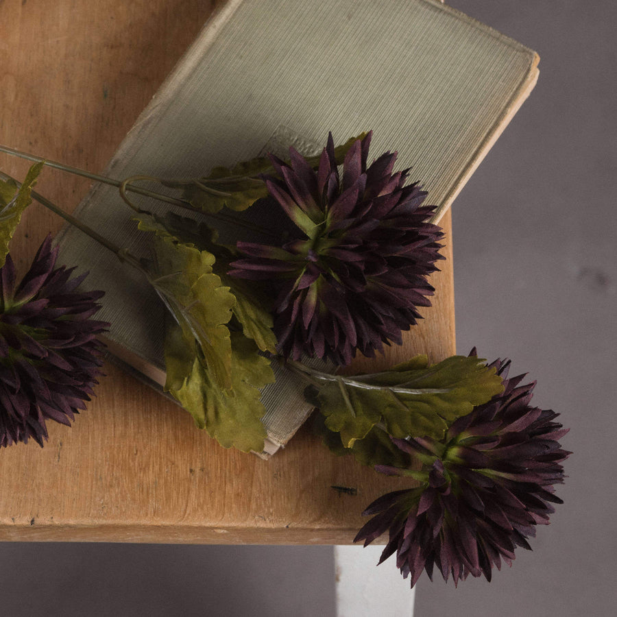 Lifelike chocolate chrysanthemum stem with curled petals, rich brown faux floral for autumn decor. by Sostter at brixbailey.com