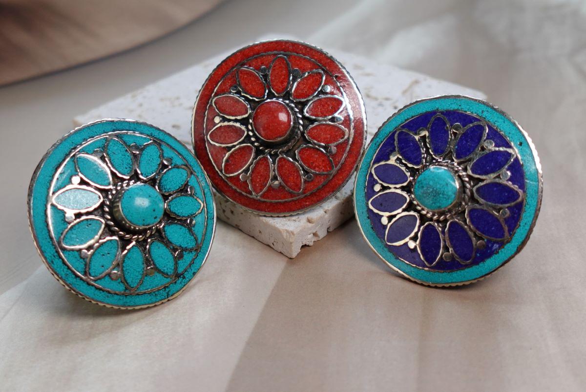 Boho Mandala Statement Rings – Handcrafted Tribal Inlay in Turquoise, Coral & Lapis.
