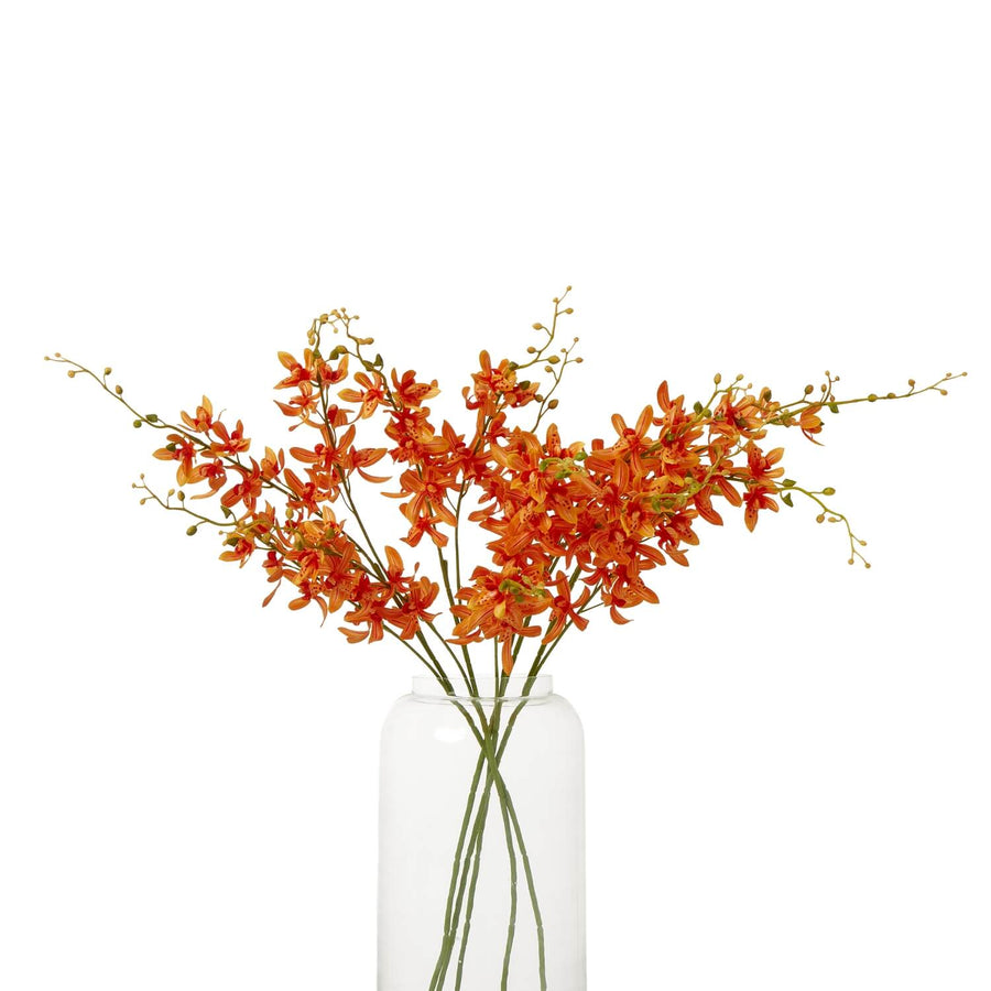 Vibrant orange faux cymbidium orchid spray with lifelike petals and stems, 95cm tall, for home decor by Sostter at brixbailey.com