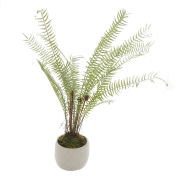 Lifelike artificial fern in white stone pot, cascading green fronds for no-maintenance home decor by Sostter at brixbailey.com