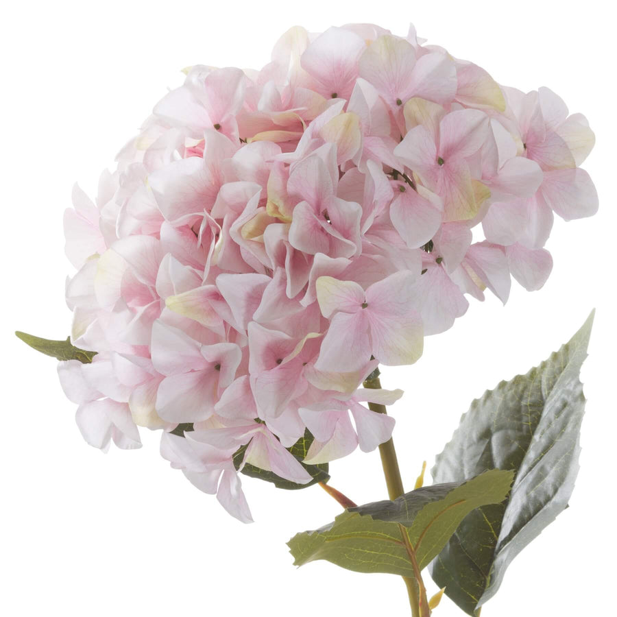 Pink lifelike hydrangea stem, 45 inches tall, ultra-realistic plastic petals for elegant home decor arrangements (124 chars) by Sostter at brixbailey.com
