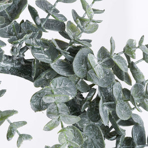 Frosted eucalyptus candle wreath with silver accents, handcrafted winter decor for tabletops or walls by Sostter at brixbailey.com