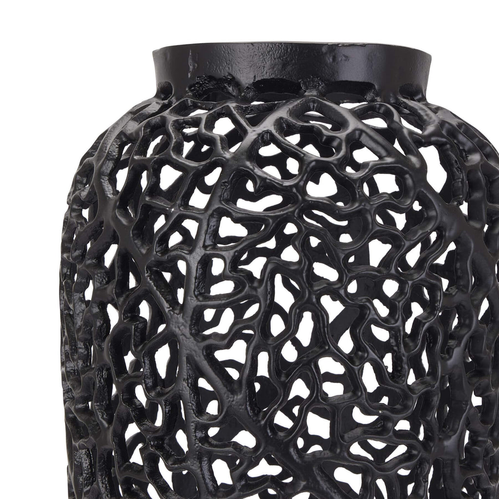 Matte black perforated aluminum lattice vase with geometric cutouts, 90cm tall, modern home decor by Sostter at brixbailey.com