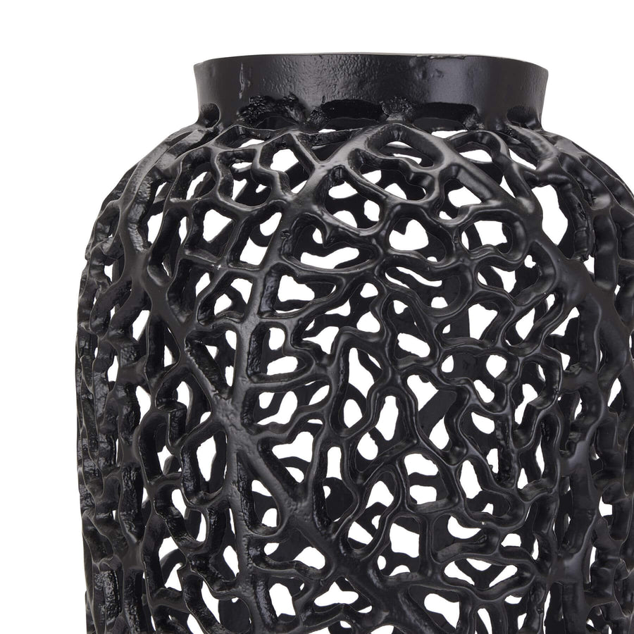 Matte black perforated aluminum lattice vase with geometric cutouts, 90cm tall, modern home decor by Sostter at brixbailey.com