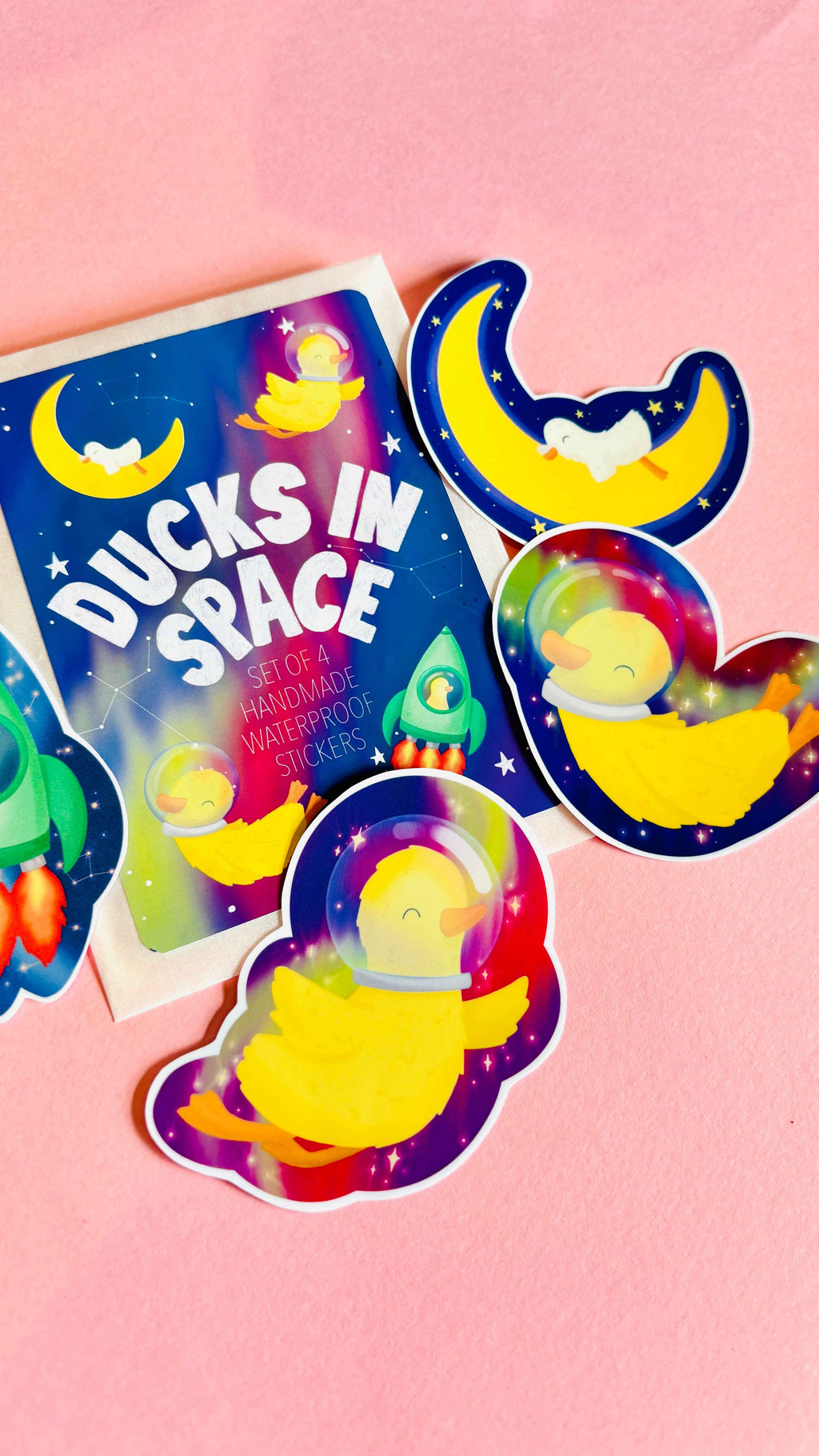Space Duck Sticker Set- 4 Handmade 7cm Waterproof Vinyl Stickers