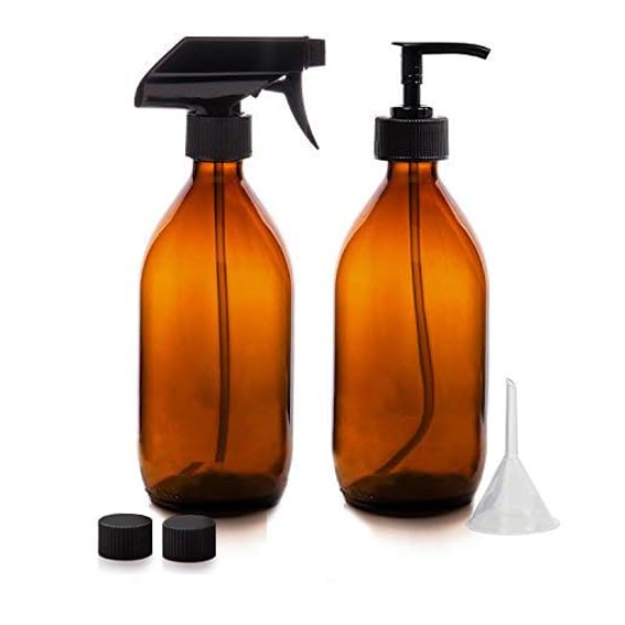 Amber Glass Spray and Pump Dispenser Bottle Set of 2 with 500ml Capacity