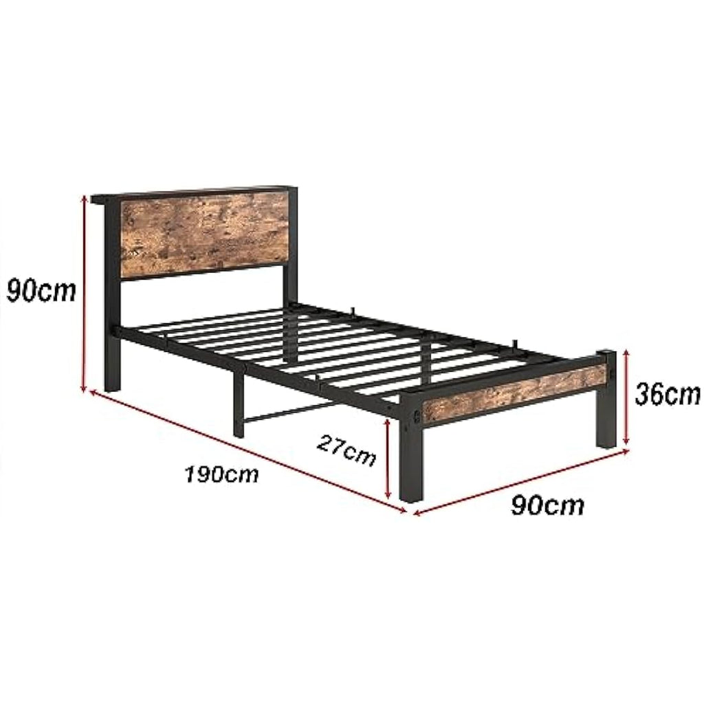 Single Bed Frame with Wooden Storage Headboard Shelf, Metal Frame, Black and Brown Oak