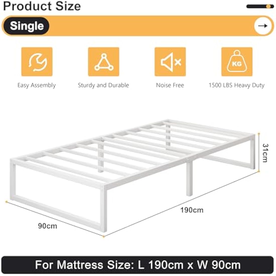 Single Bed Frame 90x190 cm Metal with Steel Slat Support