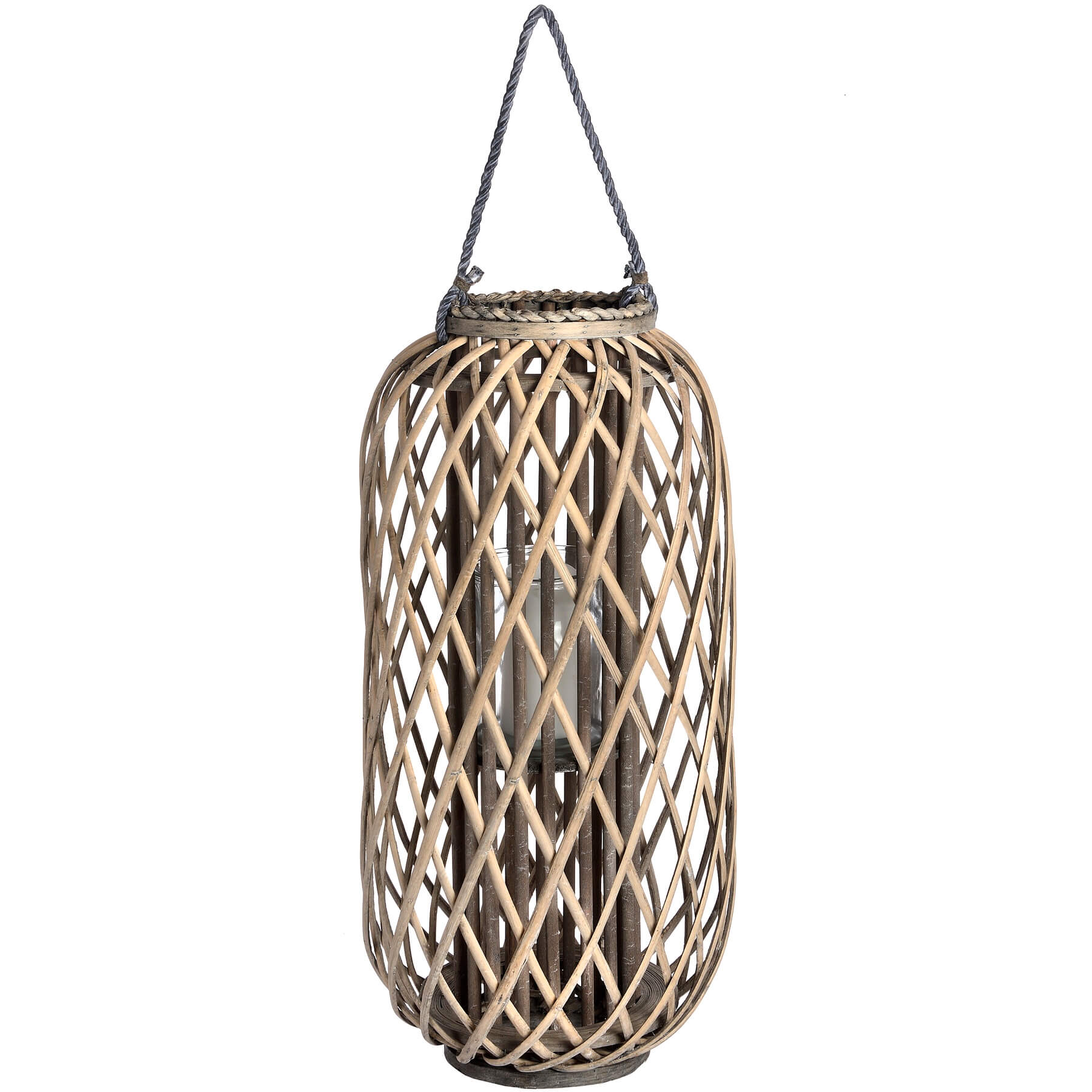 Handwoven rattan lantern with intricate natural weave, rich brown, creates warm light patterns for indoor or outdoor decor. by Sostter at brixbailey.com