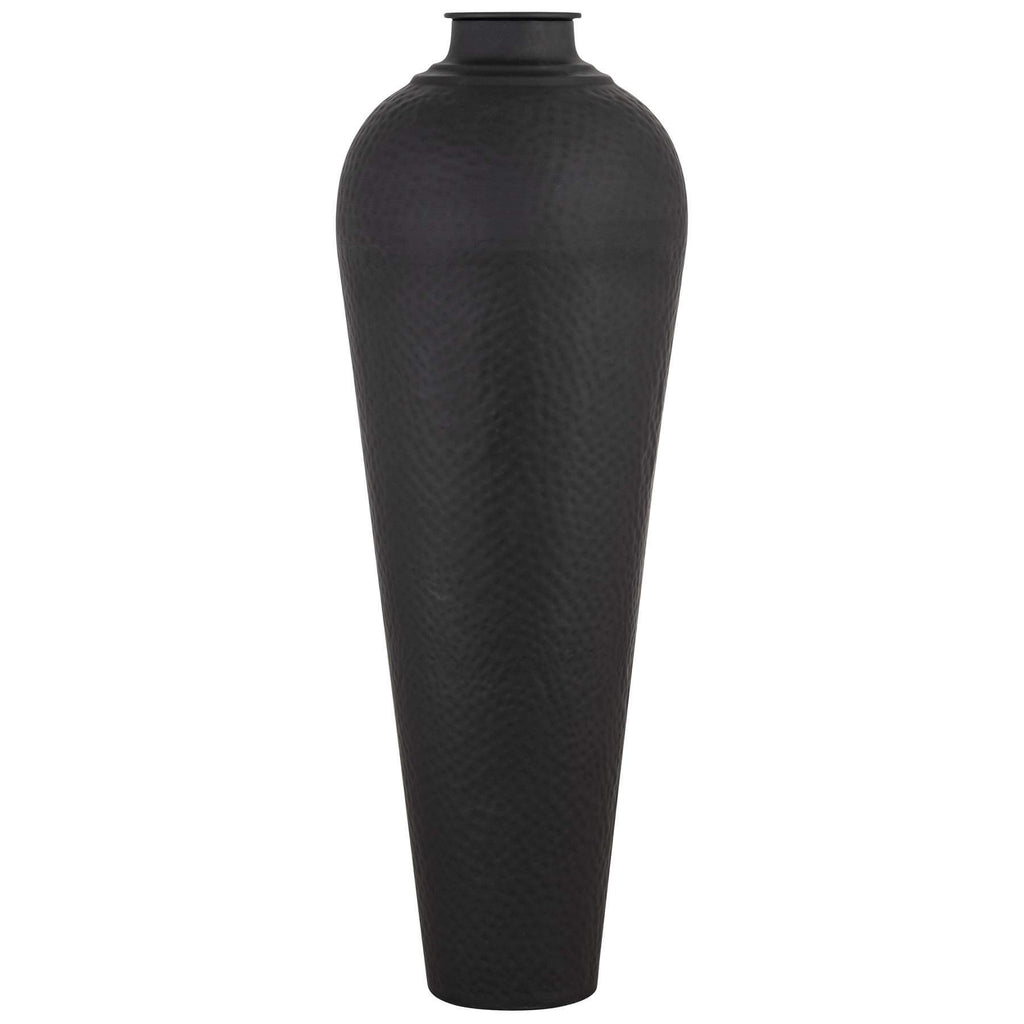 Large matte black hammered metal vase with textured surface and removable lid, 103cm tall by Sostter at brixbailey.com