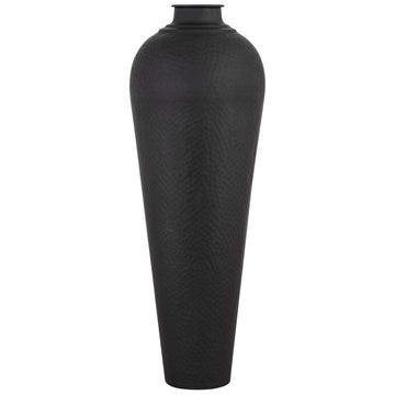 Large matte black hammered metal vase with textured surface and removable lid, 103cm tall by Sostter at brixbailey.com