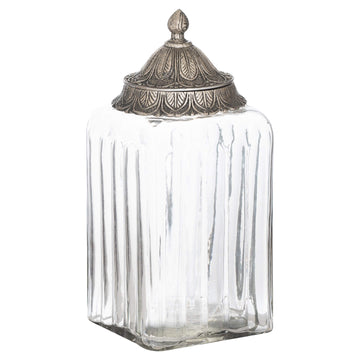 Handcrafted Moroccan lidded jar with hammered metal detailing and glass body, perfect for jewelry or spice storage. by Sostter at brixbailey.com