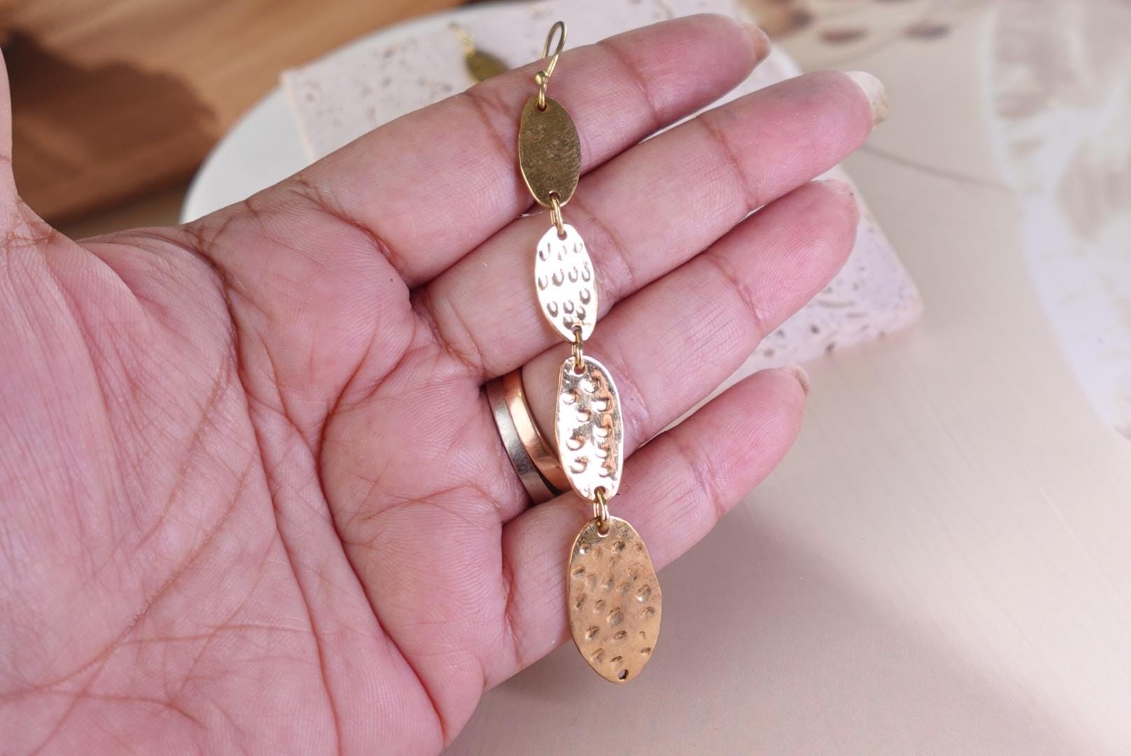 Solar Beam Oval Drops - Hammered Brass Earrings with Layered Oval Discs.