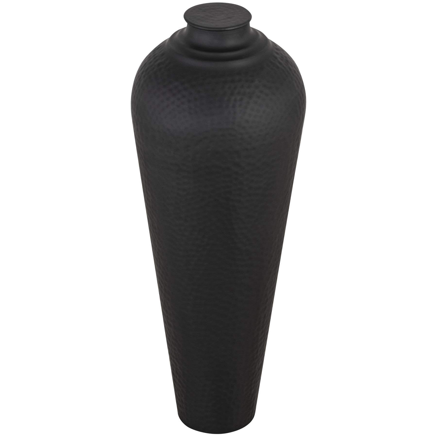 Matt black hammered steel vase, artisan-crafted with textured finish, modern floor-standing home decor piece by Sostter at brixbailey.com