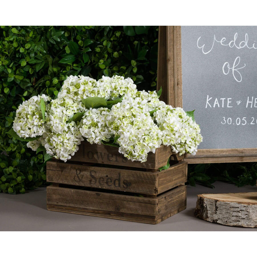 Lifelike white lace cap hydrangea with clustered florets, UV-resistant plastic stems, 48cm tall for year-round arrangements by Sostter at brixbailey.com