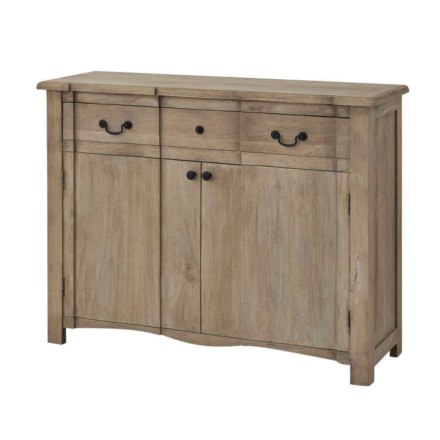French-inspired bleached wood sideboard with black iron handles, elegant storage for dining rooms by Sostter at brixbailey.com
