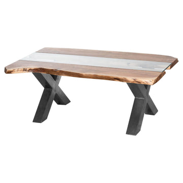 Live edge river dining table with tempered glass center and natural wood borders, warm brown tones by Sostter at brixbailey.com