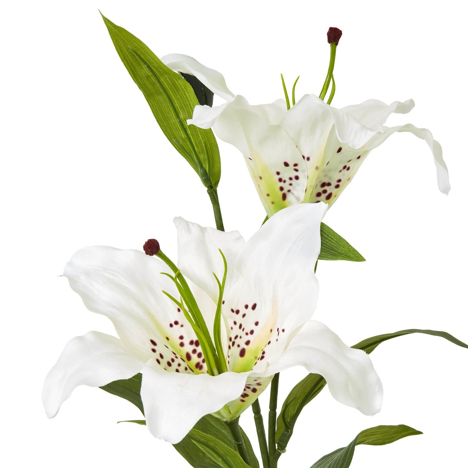 White Madonna Lily Spray with lifelike ivory petals and green foliage, artificial floral arrangement for home decor by Sostter at brixbailey.com