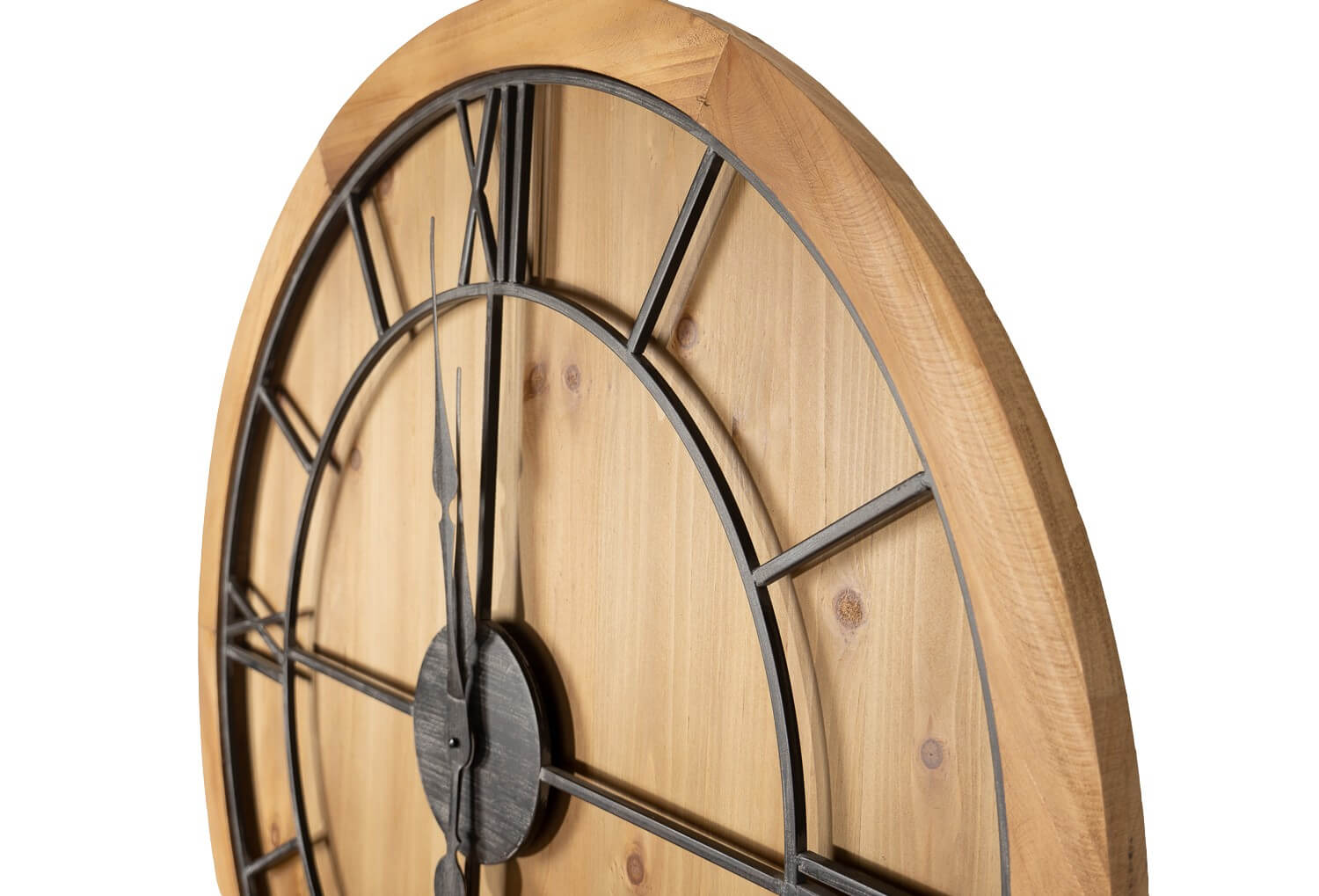 Large wooden wall clock with grey metal roman numerals on warm brown wood, rustic-modern statement piece for home decor by Sostter at brixbailey.com