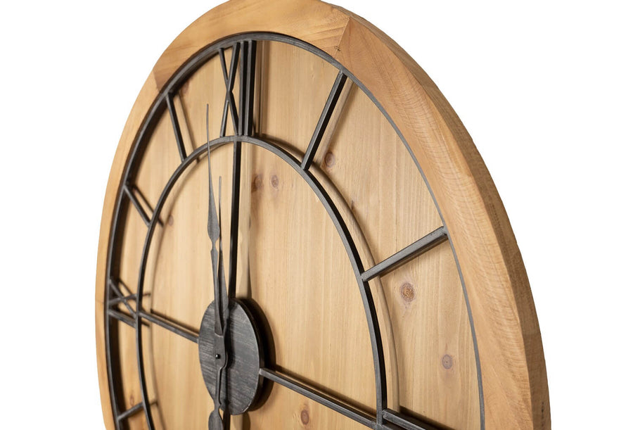 Large wooden wall clock with grey metal roman numerals on warm brown wood, rustic-modern statement piece for home decor by Sostter at brixbailey.com