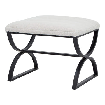Cream ribbed boucle footstool with black curved metal legs, plush textured upholstery, modern accent piece. by Sostter at brixbailey.com