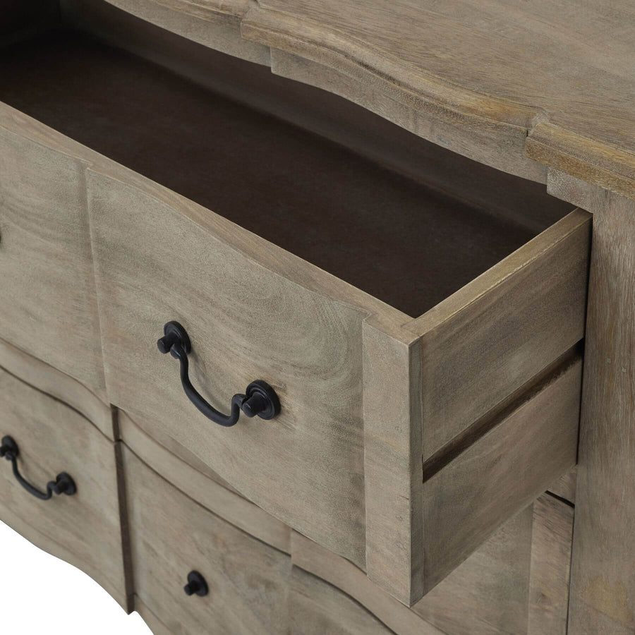 French Provincial chest with black iron handles, washed wood finish, and six spacious drawers for bedroom storage. by Sostter at brixbailey.com