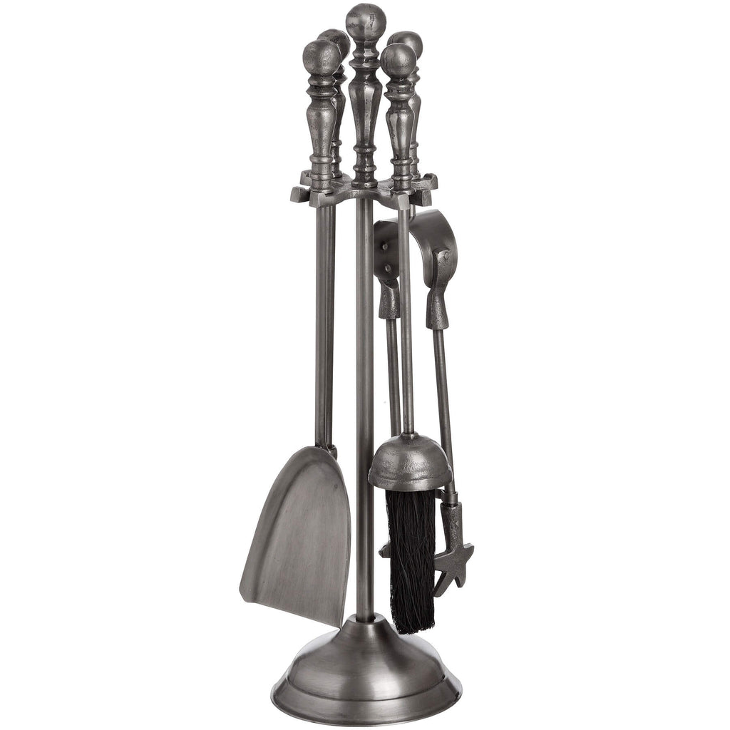 Antique pewter fireplace tool set with stand, tongs, poker, shovel, and brush - elegant hearth companion for classic interiors by Sostter at brixbailey.com