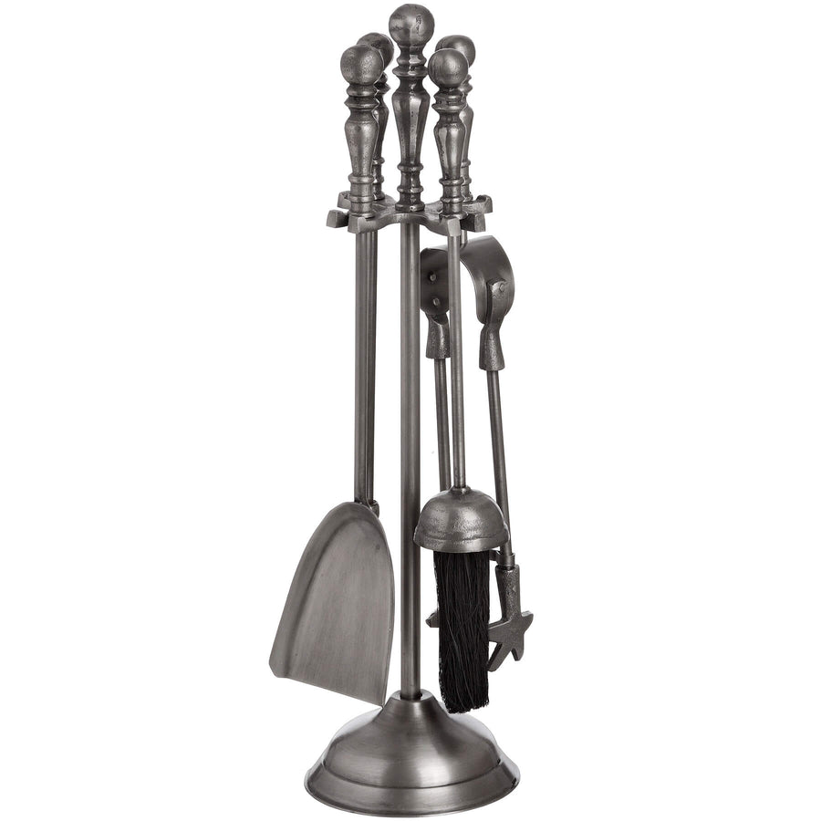 Antique pewter fireplace tool set with stand, tongs, poker, shovel, and brush - elegant hearth companion for classic interiors by Sostter at brixbailey.com