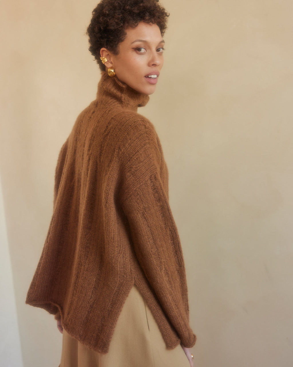 Oversized Ribbed Knit Sweater in Baby Alpaca