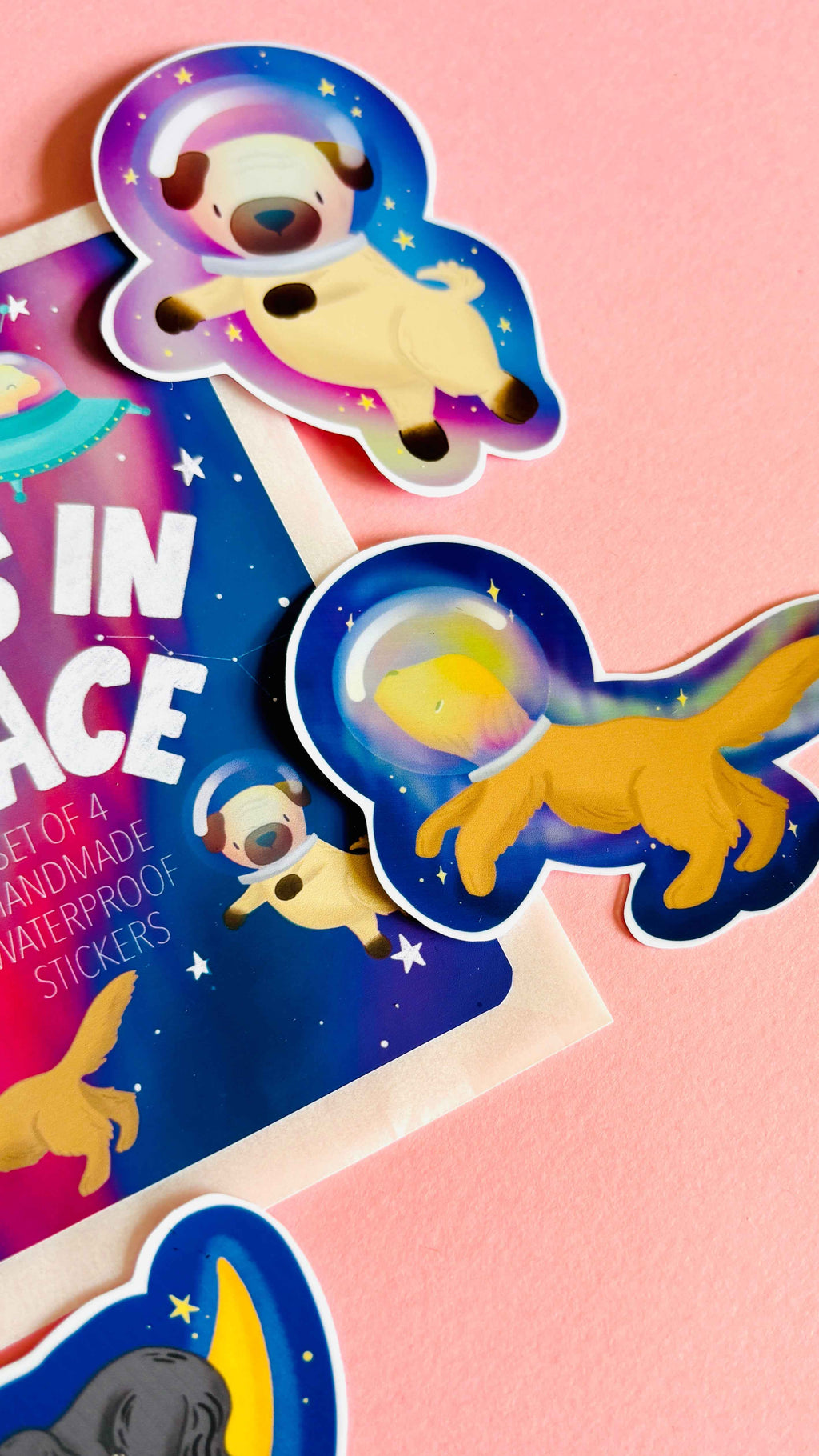 Space Dogs Sticker Set- Set of 4 Handmade Waterproof Vinyl Stickers