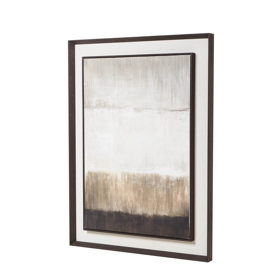 Large abstract linen artwork in neutral earth tones, elegantly framed in dark wood, perfect for modern interiors. by Sostter at brixbailey.com