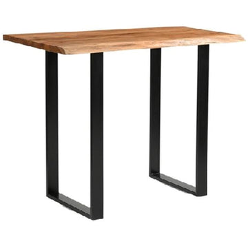 Handcrafted acacia wood live edge bar table with black metal base, showcasing natural grain and contemporary design. by Sostter at brixbailey.com